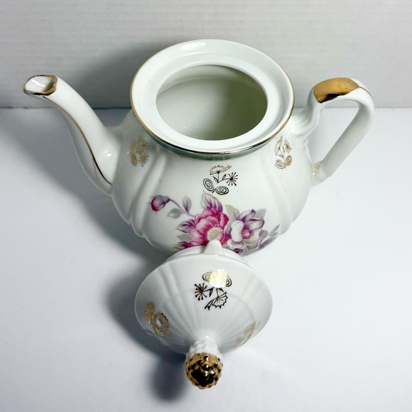 Vintage White Porcelain Japanese Teapot Pink Floral Art Gold Turquoise Accents - Picture 5 of 7